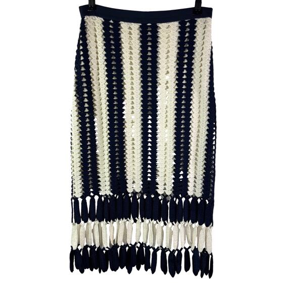 Eva Franco Dresses & Skirts - Anthropologie Eva Franco Navy Blue White Midi Skirt Crochet Striped Size Small S